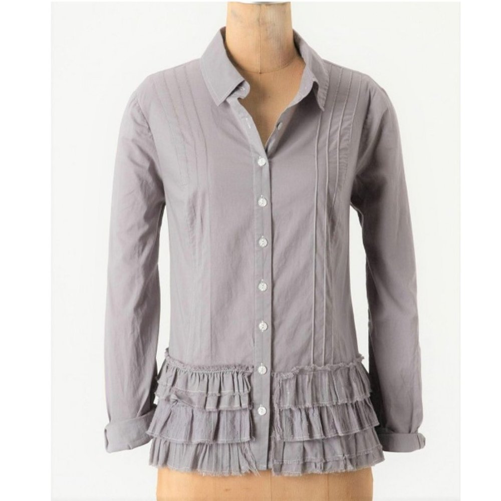 Odille Niagara Chic Grey Ruffle Hem Buttondown Blouse